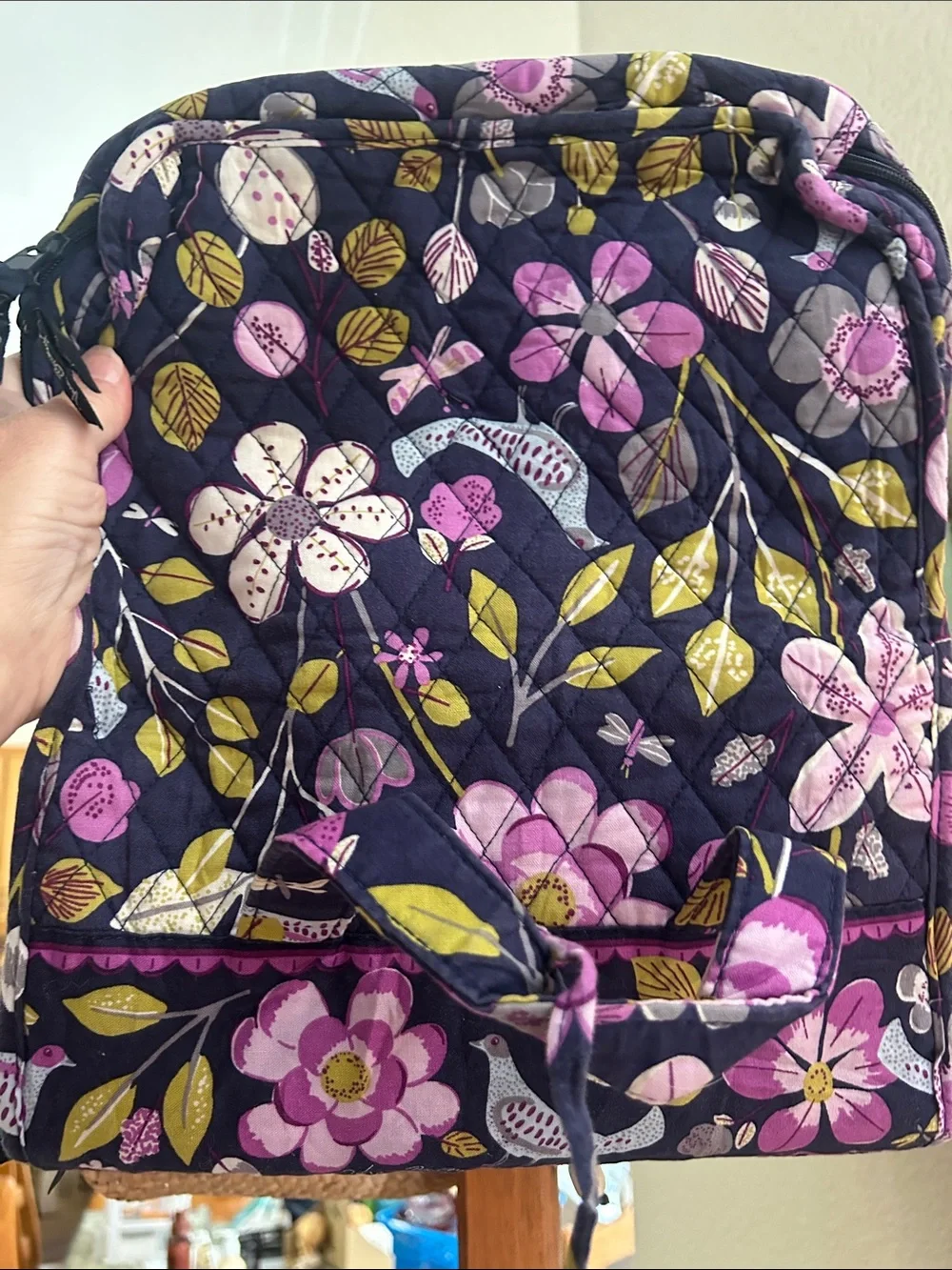 Vera Bradley Quilted Hanging Makeup Organizer in Navy with Purple Floral